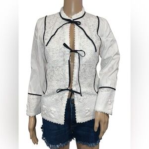 Polo Ralph Lauren Jacket Womens White Lace Embroidered Linen Trim Tie Size XS